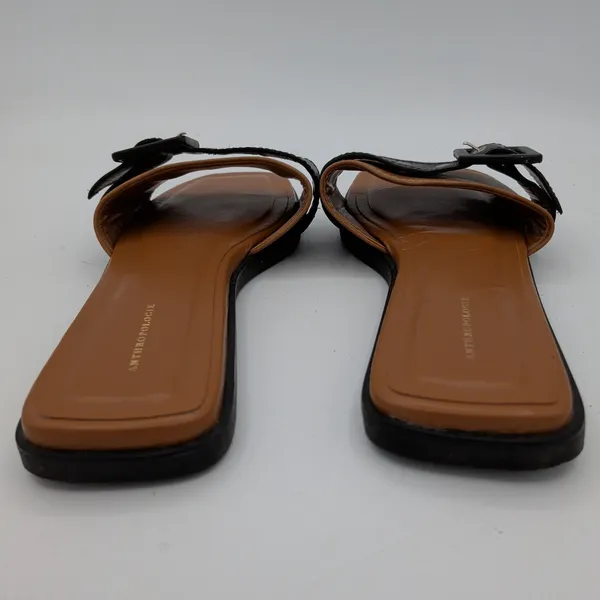 Anthropologie‎ Women Tan Black Leather Buckle Slide Sandals Square Toe Size 37 - Image 5