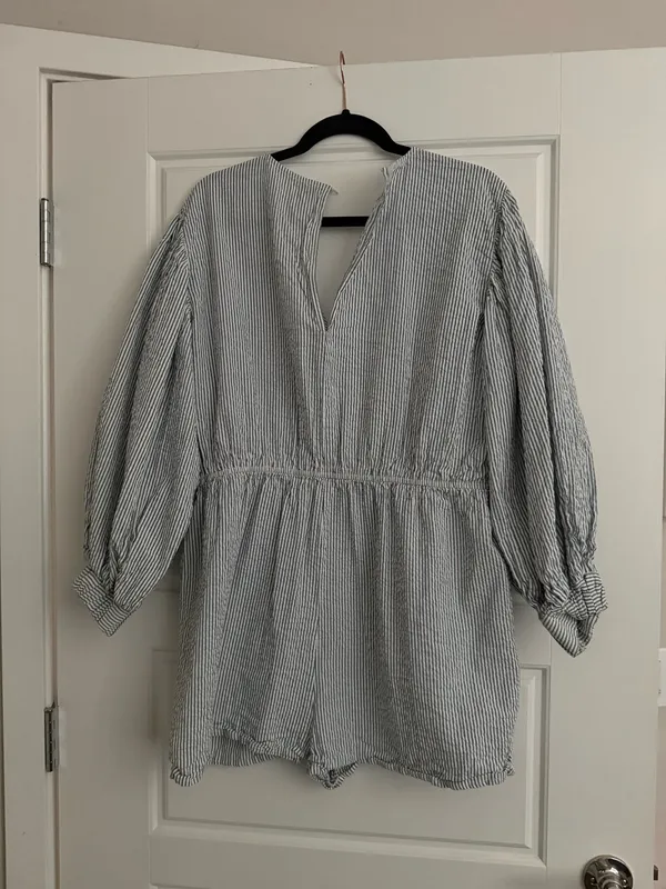 ASOS Blue & White Striped V-Neck Romper with Puff Sleeves - Image 2