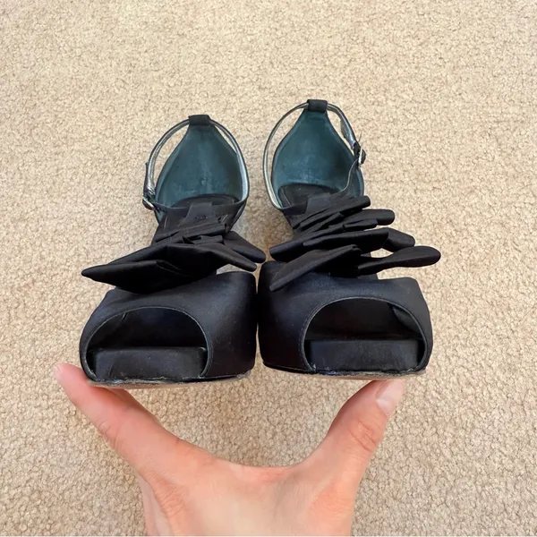 Nina Elga Black Satin Ruffle Platform Peep-Toe Stiletto Heels 7 - Image 9