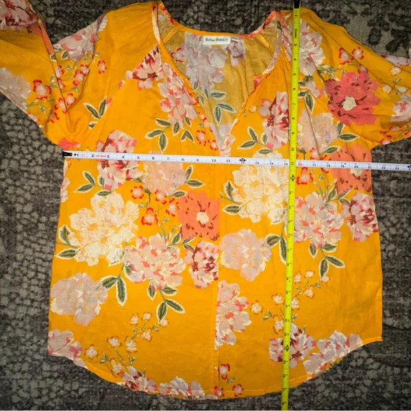 Roller Rabbit Women’s Size L Yellow Floral V-Neck Peasant Blouse Top Shirt - Image 6