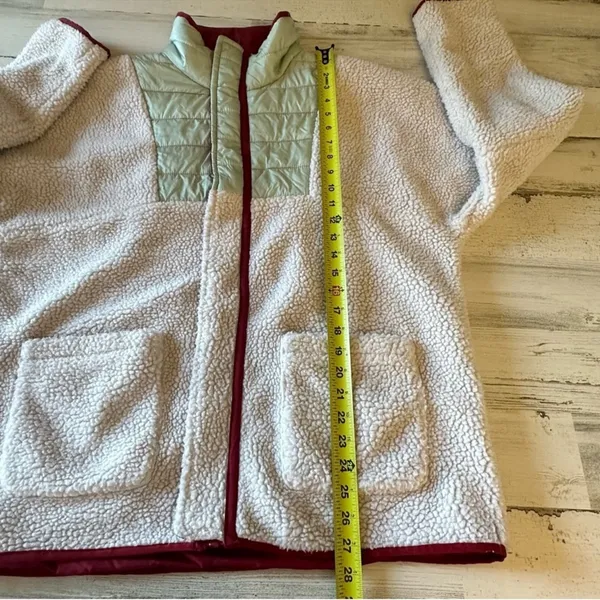 Urban Outfitters UO Mixed Media Sherpa Fleece Windbreaker Jacket Cream‎ Green Lg - Image 13