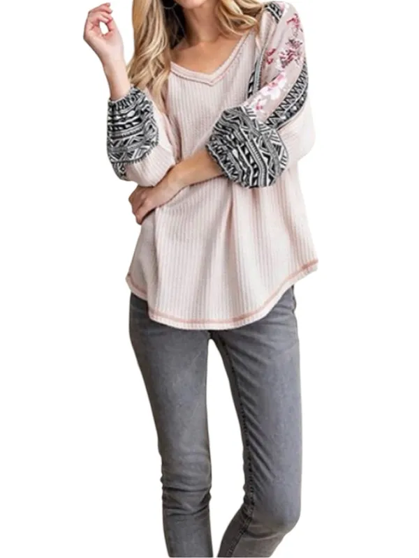 Kori Thermal Waffle Knit Mixed Print Tunic Top Blush Pink Size Large - Image 3