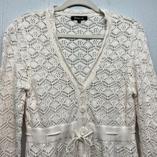 DALIA Pointelle Knit Tie Front Cotton Cardigan Sz Large Cottage Beachy Coastal - Image 4