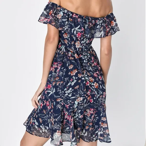 NWT Lulus My Favorite Navy Blue Floral Print Off the‎ Shoulder Dress MEDIUM - Image 4