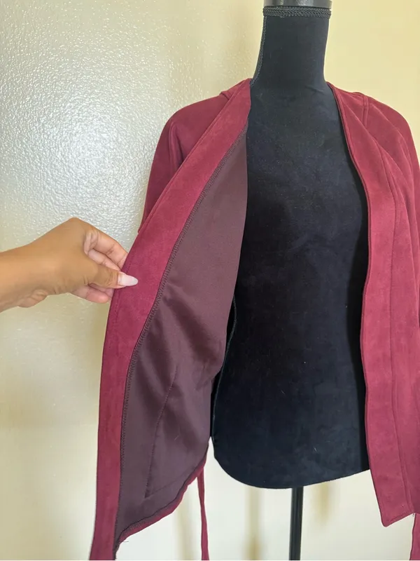 Classic Concepts Burgundy Faux Suede Belted Jacket Cardigan Medium - Image 6