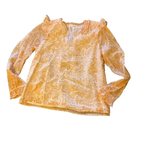 J.Crew Yellow Floral Long Sleeve V-Neck Ruffle Blouse Top small - Image 2