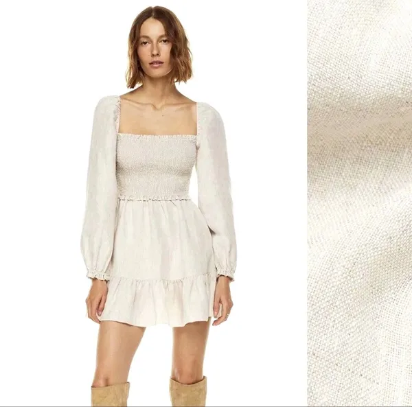 Aritzia Wilfred Tempest Natural Oatmeal Organic Linen Smocked Mini Dress S Boho - Image 2