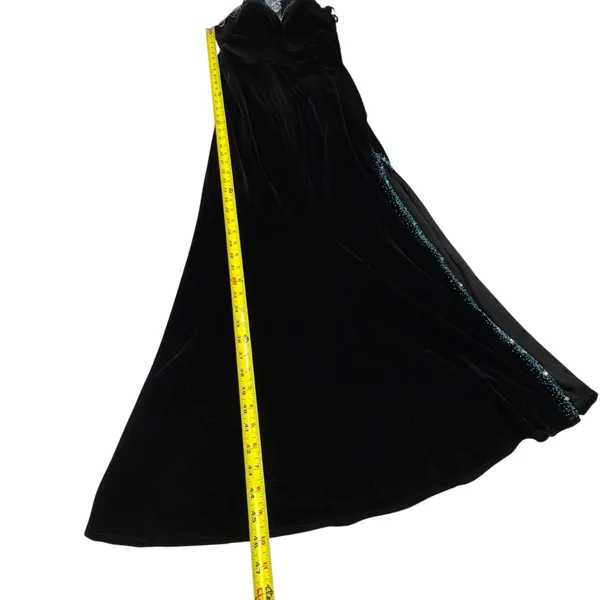Vintage Black Velvet Evening Gown with Beaded High Neck and Mesh Detailing - Image 6
