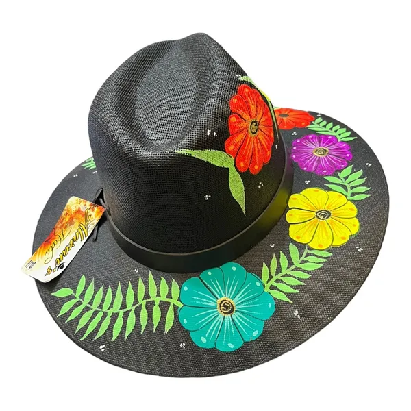 HAT MEXICAN Artisanal Hand Painted Fedora Floral Sombrero Panama Bohemian Black - Image 9