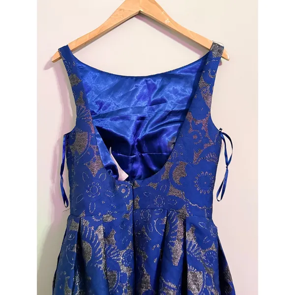 Allure Bridals Bridesmaids Navy Blue Brocade Fit Flare Pleated Dress Size‎ 14 - Image 6