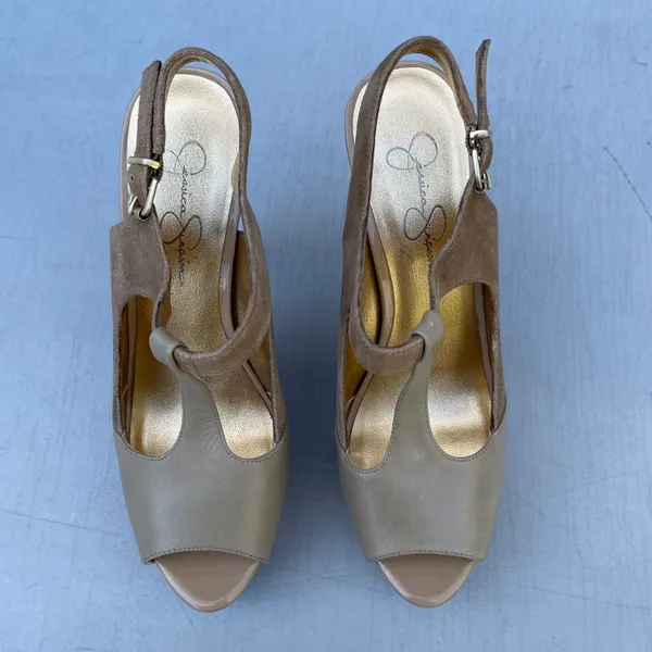 Jessica Simpson Nude Elso Dusty Taupe Open Toe Leather Suede T-Strap Heels - Image 3