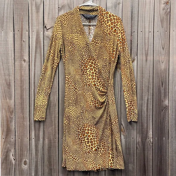 Norma Kamali animal print dress long sleeved v‎ neck ruched size small stretchy - Image 2
