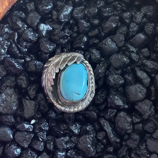 Vintage Native American Navajo Turquoise & Sterling‎ Leaf Ring Patina Sz6 - Image 4