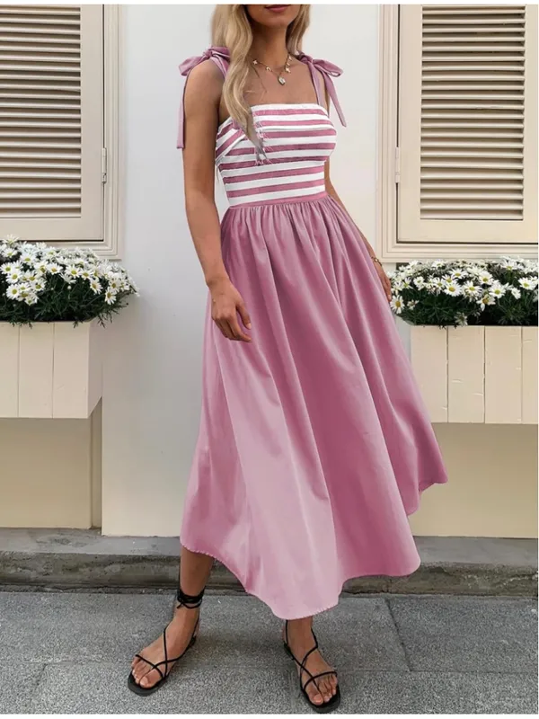 NEW Tie Strap Striped Midi Stretch Dress Pockets Small - Image 5