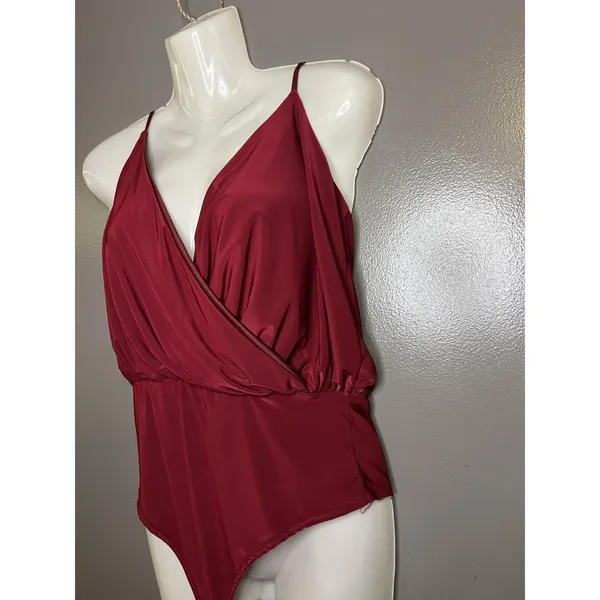 Boohoo Night Bodysuit Womens 10 Red Satin Plunge Wrap Adjustable Straps - Image 4