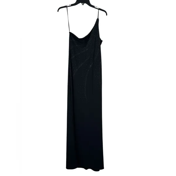 Vintage 90s Black One Shoulder Sparkle Glitter Maxi Dress Womens S Prom Formal - Image 2