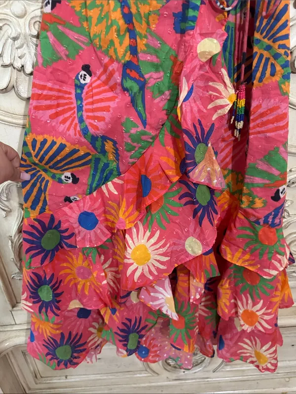 FARM Rio Coral Mixed Graphic Macaws Puff Sleeve Ruffle Hem Midi Wrap Dress XS - Image 8