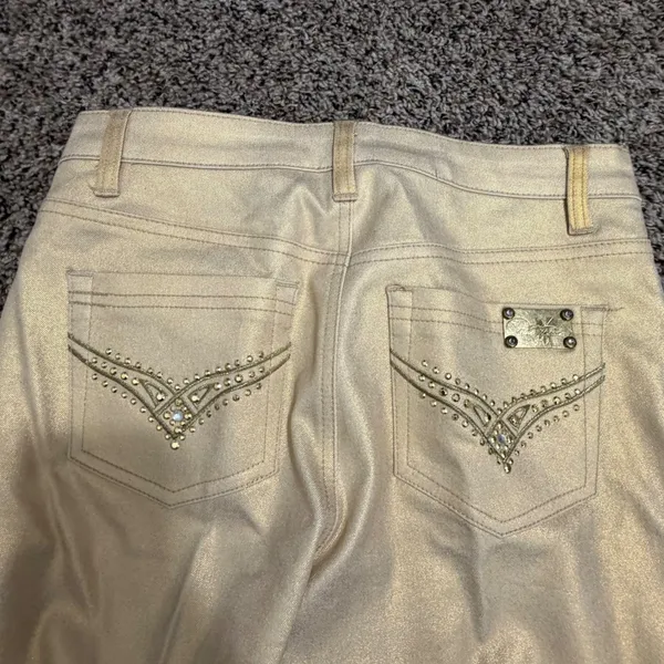 DG2 Diane Gilman Gold Metallic Coated Embellished Straight Leg Jeans 6 - Image 4