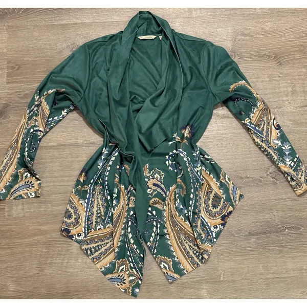 SOFT SURROUNDINGS Chouteau‎ Jacket - Green Faux Suede, Open, Artsy Design, L - Image 3