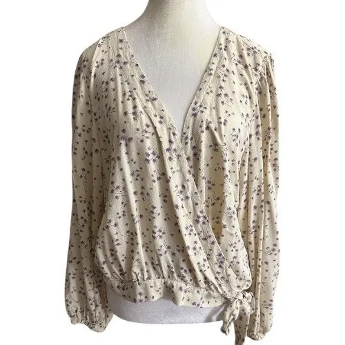 American Eagle Wrap Top Womens XL Cream Purple Floral Long Sleeve Viscose Blouse - Image 2