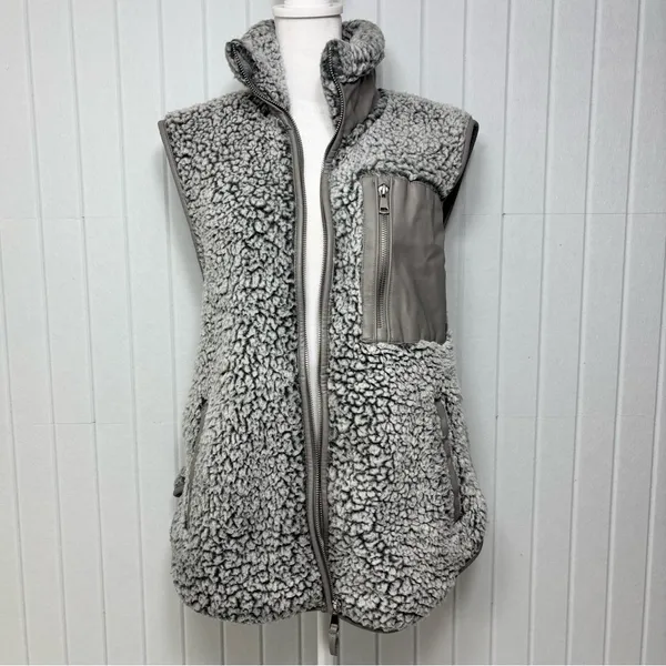Abercrombie & Fitch Vest Women Small Sherpa Fleece Jacket Gray Leather‎ Pocket S - Image 5