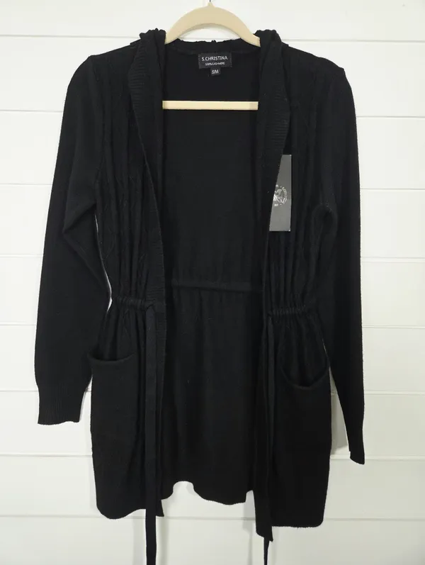 S. Christina Cashmere Black Hooded Open Front Cardigan Sweater S/M - Image 2