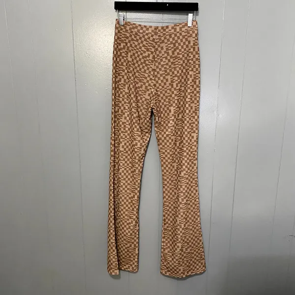 White Fox Boutique Brown Checkered High Rise Mesh Pull On Flare Pants M - Image 3
