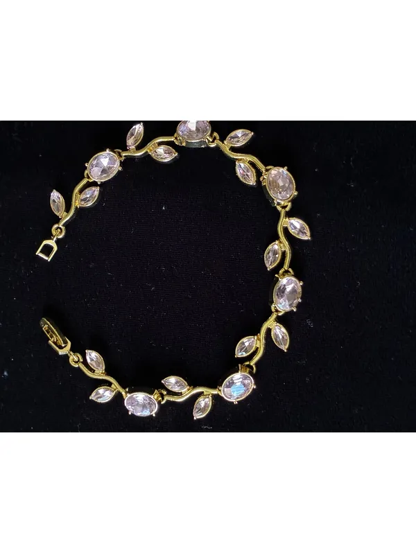 14K Gold Plated Leaf Vine Bracelet Marquise CZ Crystal Link Chain 7.5 - Image 2