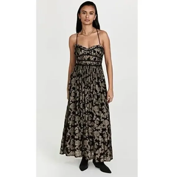 Free People Size S‎ Charlie Bustier Maxi Dress Black Gold Metallic Whimsigoth - Image 12