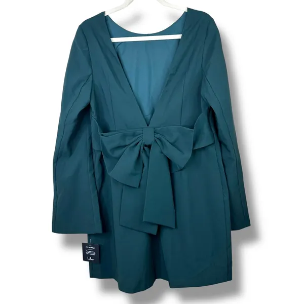NEW Lulus Elegant Cutie Emerald Bow Bell-Style Long Sleeve Backless Mini Dress - Image 6
