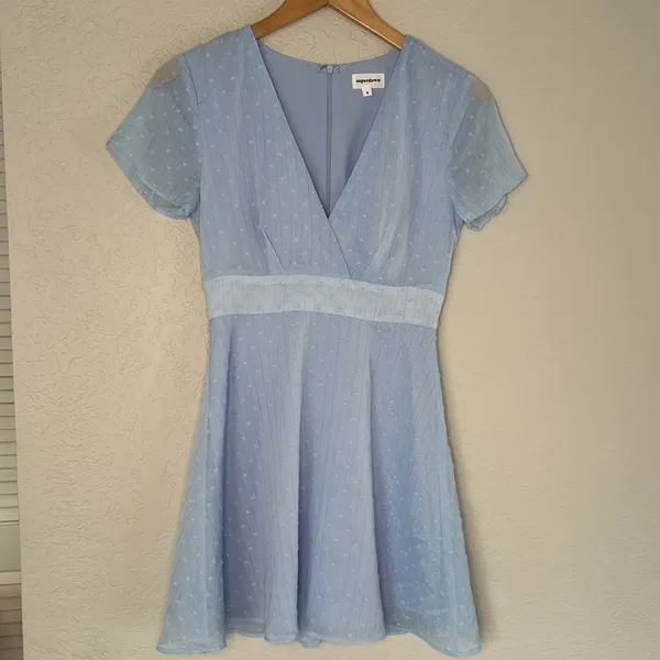 Revolve Superdown Bree Mini Dress Sky Blue Chiffon Metallic Swiss Dot Summer - Image 2