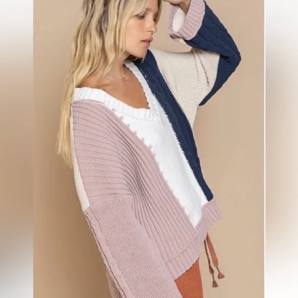POL V-Neck Color Block Chunky Knitted Sweater Women’s‎ Size M - Image 4