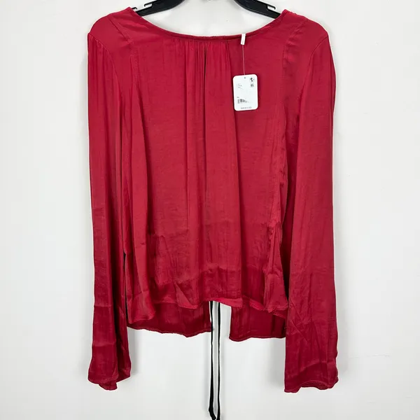 Free People Arabella Blouse Rubies Red Satin Long Sleeve Bow Back Medium NWT - Image 2