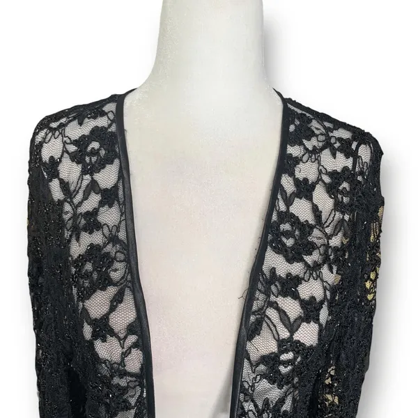 Vintage Laurence Kazar Black Beaded Lace Sheer Open Front Evening Jacket Romance - Image 7