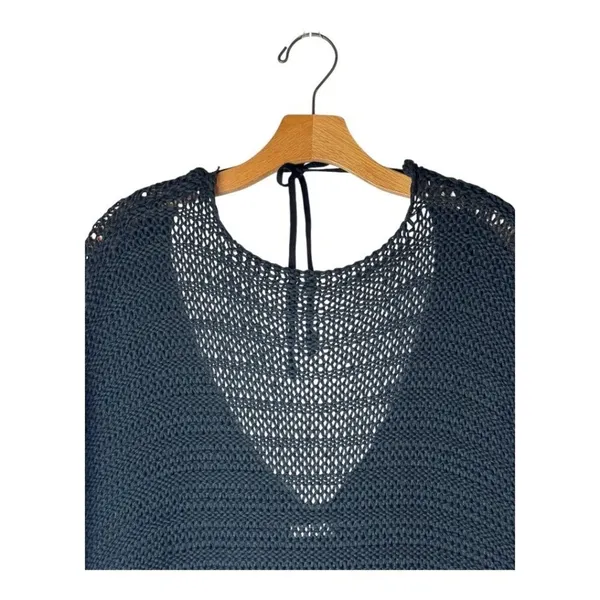 Zara Sweater Women Small Black Open Knit V Back Fringe Sides Short‎ Sleeve Tunic - Image 3