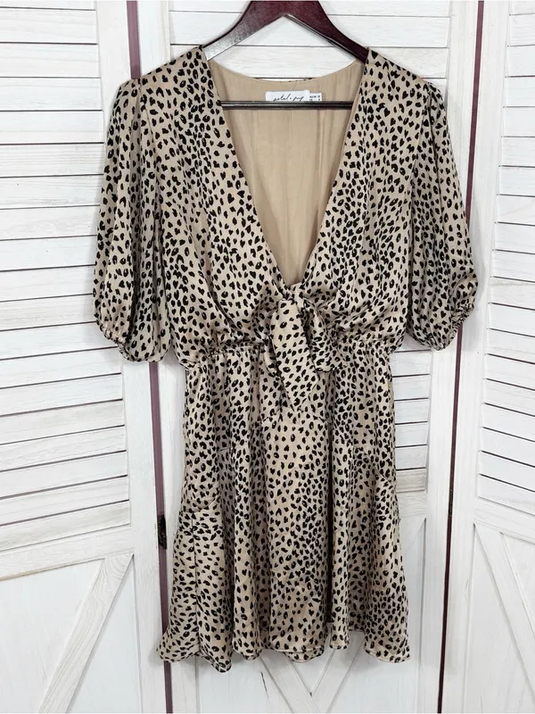 Petal & Pup‎ Eisley Leopard Print Satin Tie Front Mini Dress Tan Black 6 - Image 9