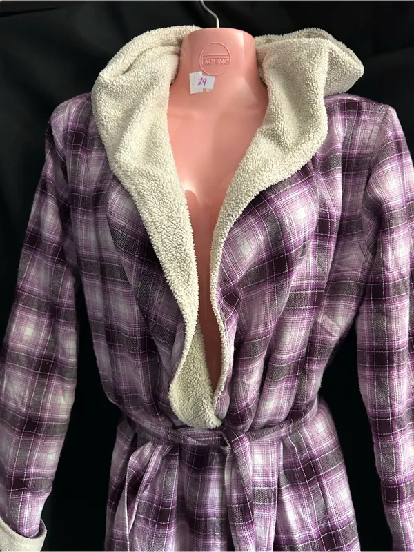 UGG Women's Plush Purple Plaid Robe with Sherpa Trim SM - Image 3