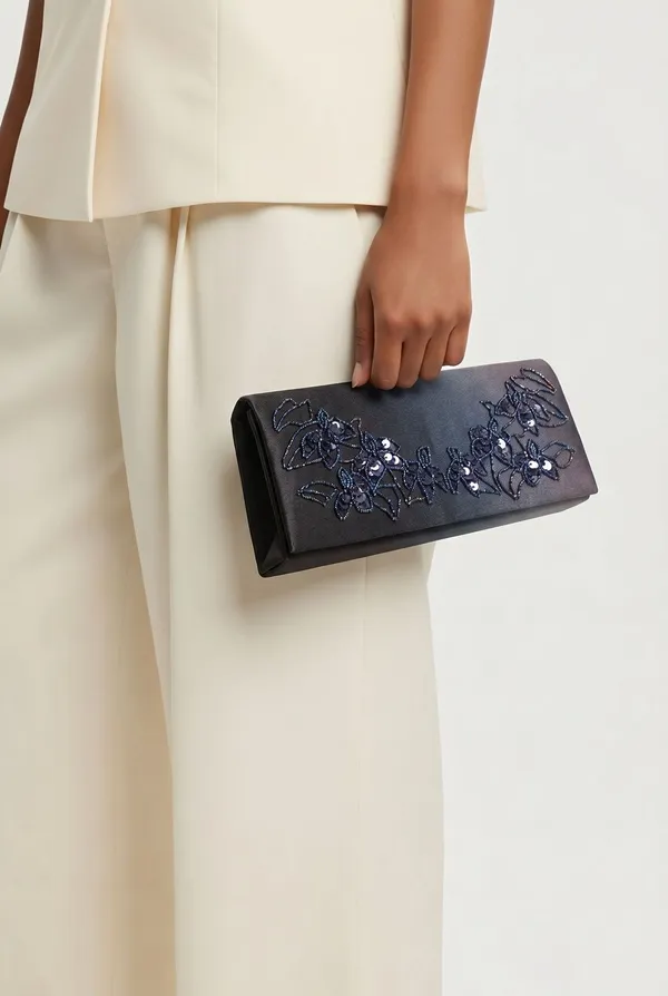 La Regale Blue Iridescent Beaded Satin Evening Clutch Bag with Chain - Image 2