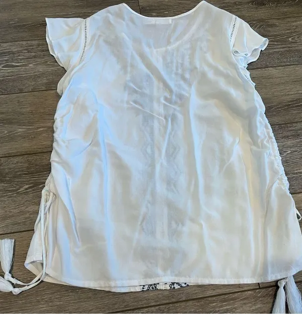 White Ruffle Scrunch Side Tie Tank Blouse Top Embroidered - Image 4