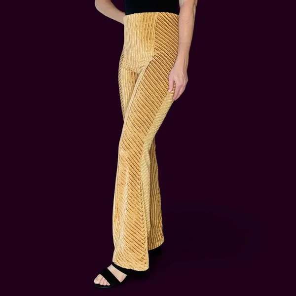 Free People Gold Champagne Ribbed Velvet High Rise Flare Pants - Image 2