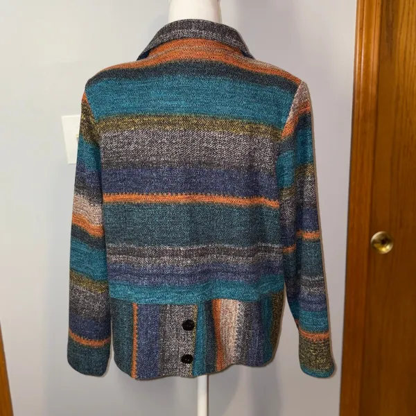 Trisha Tyler Knit Jacket‎ Blue Orange Multi Striped Button Front blazer Funky Size L - Image 4