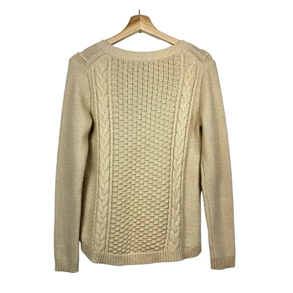 J. Crew Womens Sweater Sz S Tan Beige Fisherman Cable‎ Knit Wool Blend Crew Neck - Image 2