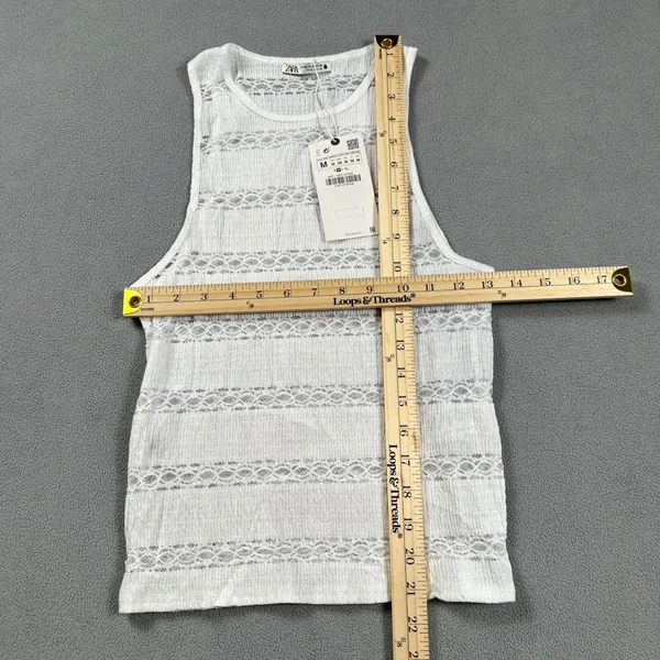 ZARA Woman Tank Top Knit Top Sleeveless M White Crochet Lace Trim Textured‎ NWT - Image 2