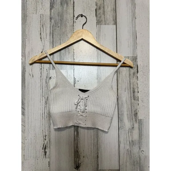 Streetwear Society Lace Up Ribbed Knit Crop Top Womens S Ivory Bralette Cami - Image 2