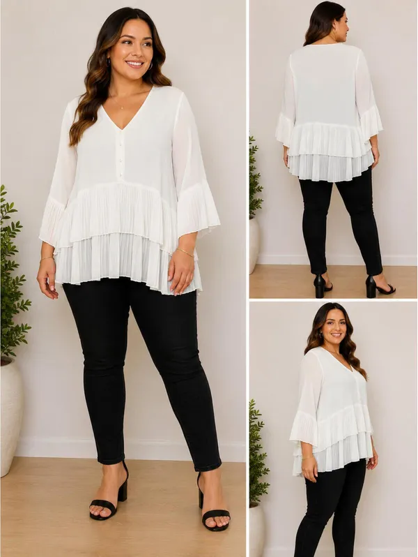 Zara‎ White Pleated Tiered Tunic Blouse Size M - Image 2