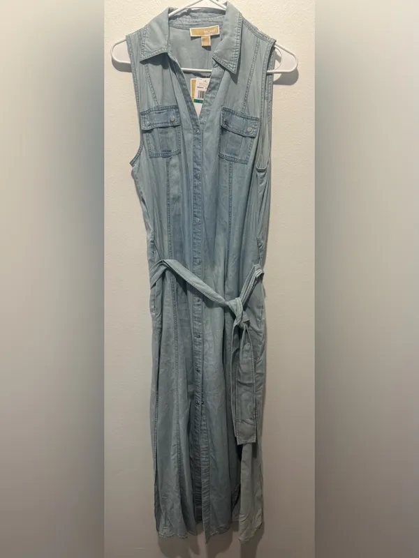 Michael Kors Light Blue Denim Maxi Shirt Dress with Tie Waist - Image 2