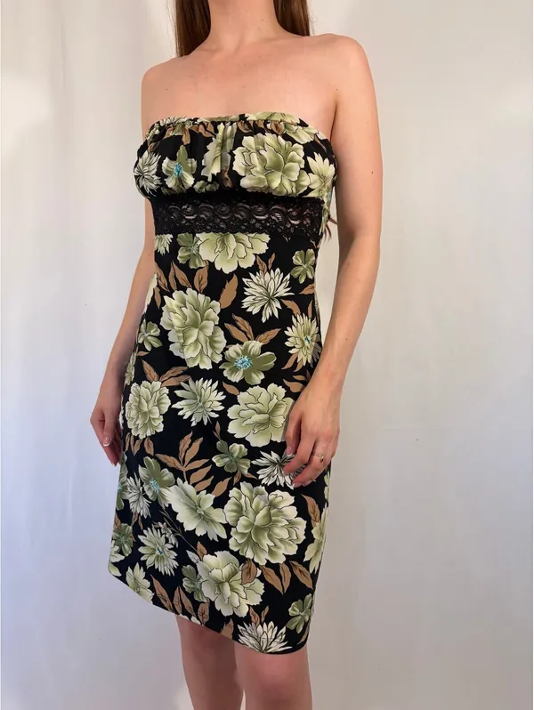 Strapless Green and Brown Floral Lace Y2k Party Dress - Image 9