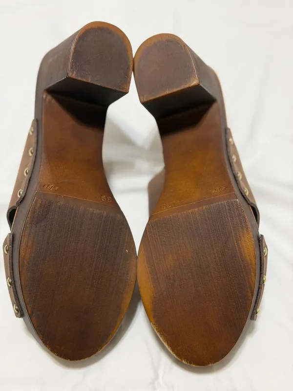 Bio-Gold Made in Italy Brown Leather Studded Platform Clogs - Image 6