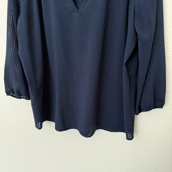 [Ann Taylor] Navy Blue V-Neck Chiffon Blouse 3/4 Length Sleeves Work Sz Large L - Image 6