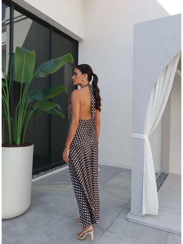 Zara Elegant Brown and White Polka Dot Halter maxi flowy Dress - Image 2